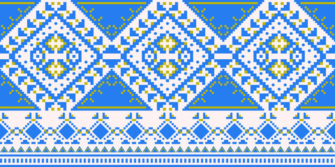 Ethnic pattern background of pixel-art in abstract diamond and triangle blue and yellow tone. Concept of geometric, bold, modern, elegant for carpet, embroidery, fabric texture. Pattern motifs vector.