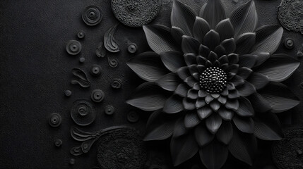 Black Surface with Extruded Ornate Flower. Three-dimensional Diwali Celebration Wallpaper.