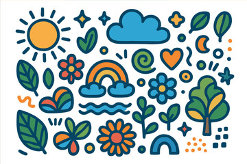 Collection of colorful nature doodles. Cute cartoon spring and summer icons. Sun, cloud, rainbow, flower, leaf, and tree. Abstract groovy eco vector graphic elements set.