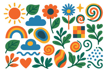 Set of colorful abstract nature elements. Naive retro 70s style doodle collection. Vector cartoon graphics with sun, flower, rainbow, leaves, heart and geometric shapes.