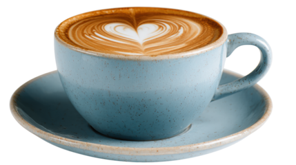 Latte Art in Blue Cup on Saucer isolated on a Transparent or white Background