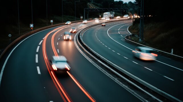 Dynamic dusk scene of a silver sedan exiting a curved highway with streaks of red taillights, motion blur capturing speed and energy, outdoor highway at twilight with darkening sky and illuminated ve