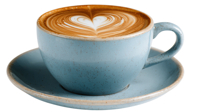 Latte Art in Blue Cup on Saucer isolated on a Transparent or white Background - Powered by Adobe