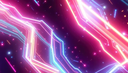 Vibrant neon lines and glowing particles create an abstract, futuristic digital landscape, representing data flow, technology, and energy. Suitable for tech, science, or entertainment.