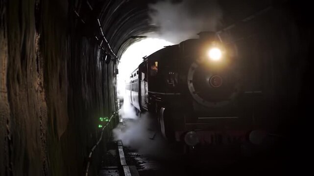 Steam Locomotive Approaching Through Dark Tunnel with Bright Headlight.
