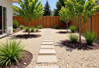 beige gravel forming clean linear paths around small trees and ornamental grasses in a contemporary modern backyard design.