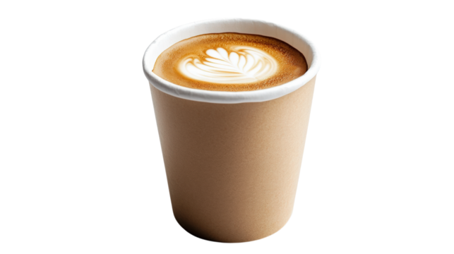 Latte Art in Paper Cup isolated on a Transparent or white Background