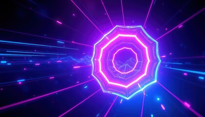 Dynamic abstract digital realm featuring a vibrant neon geometric portal and flowing data streams, ideal for technology, cybersecurity, or future concepts.