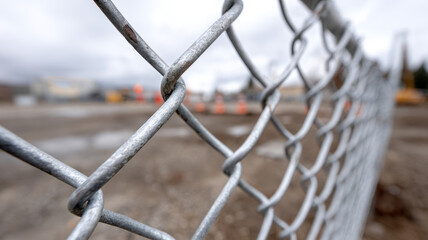 Close-up of a chain link fence at a construction site.