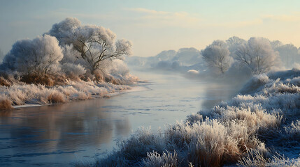 Frost-covered trees reflect in a tranquil river at dawn during a serene winter morning in nature