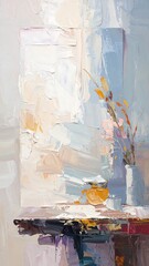 Obraz premium A still life painting showcasing soft, pastel hues and thick impasto brushstrokes, featuring a delicate arrangement of flowers in a vase, and a subtle golden fruit resting on a dark wooden surface,...