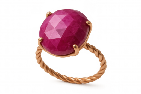 Rose gold twisted band ring securing large faceted ruby gemstone against white backdrop