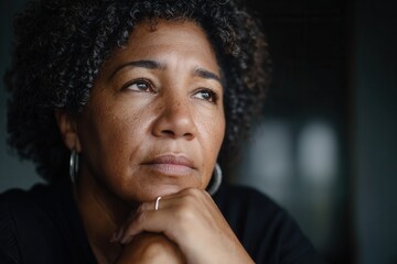 A middle-aged woman with curly hair gazes thoughtfully, reflecting on life. The setting is calm and introspective, evoking deep emotions.