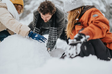 Group of friends in winter clothing creating something from snow while enjoying a winter day amidst a peaceful mountainous setting