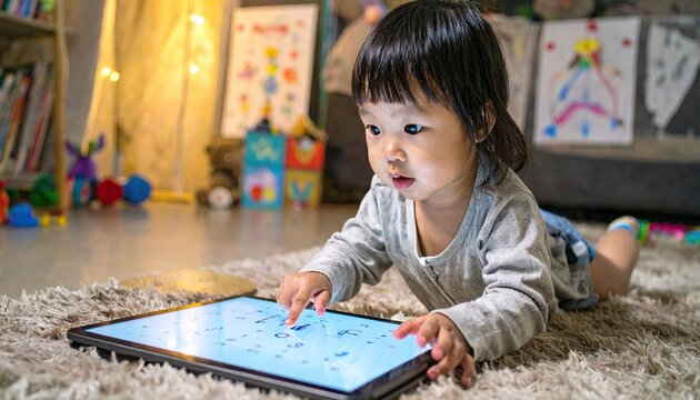 Toddler Girl Tracing Letters on Touchscreen Tablet in Cozy Room