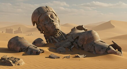 Giant robot wreckage lies abandoned in a desolate desert landscape