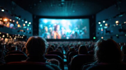 A crowded cinema with people watching a movie on a large screen. The audience is engaged, with dim lighting and colorful visuals from the film.