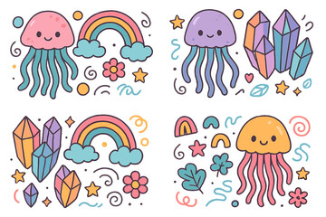 Kawaii jellyfish and rainbow doodle set. Cute cartoon crystal, gem, and flower sticker collection. Magical celestial underwater animal vector illustration for children's design.