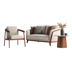 Living room furniture arrangement with sofa and chair