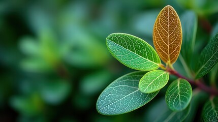 A detailed close-up of green and orange leaves on a branch, showcasing the intricate veins and textures against a blurred green background.