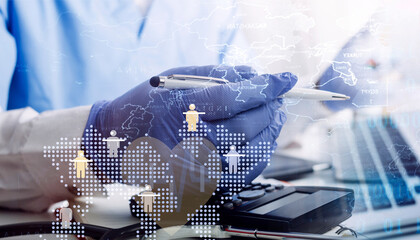 Global Healthcare Data Analysis by a Medical Professional. A medical professional in blue gloves analyzes global health data overlaid on a world map.