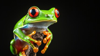 A vibrant green frog with striking red eyes perched on a branch against a dark background, showcasing its colorful features.