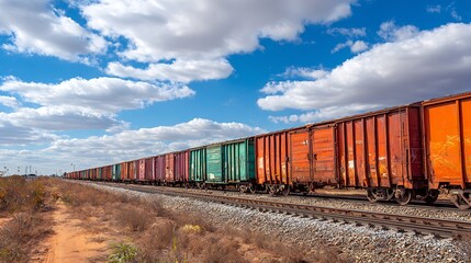 Obraz premium Colorful train cars stretch across the landscape beneath a bright blue cloud-filled sky conveying transportation and industrial scenes