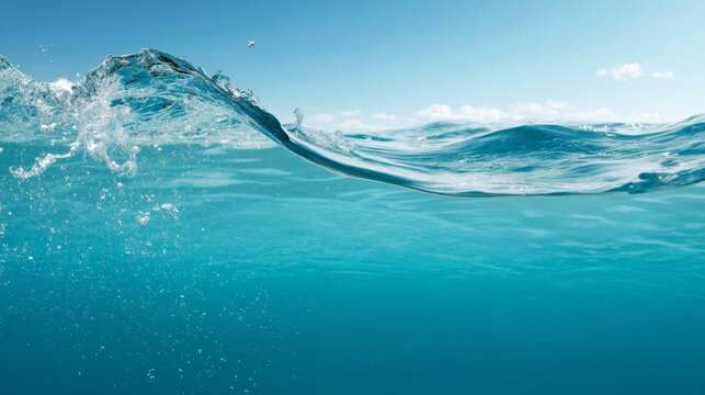 Tranquil clear water flowing at eye level with soft reflections and gentle waves, empty space on the left for text, bright blue sky in background