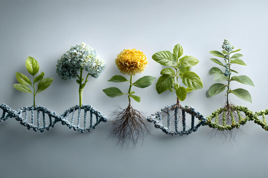 Biology laboratory nature and science, plant and environmental study, DNA, gene therapy, and plants with biochemistry structures on white backgrounds.