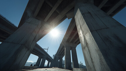 Obraz premium Towering concrete pillars support massive beams under a bright sun with blue sky overhead