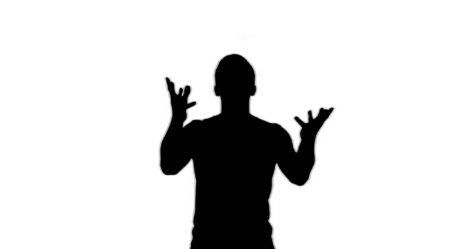 Silhouette of a person with hands raised in a gesturing pose against a black background - Powered by Adobe