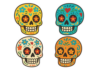 Set of sugar skulls for Dia de los Muertos. Day of the Dead in Mexico. Traditional Mexican holiday decoration. Calavera symbol with floral ornament. Vector cartoon icon set.
