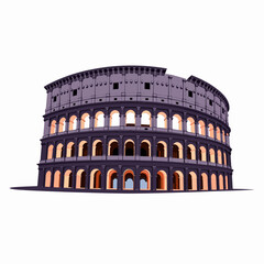 Naklejka premium Iconic Ancient Amphitheater with Majestic Arches and Columns Illuminated at Dusk, Symbolizing Architectural Brilliance and Historical Significance