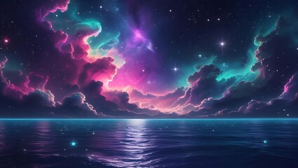 Expansive View of a Colorful Cosmic Landscape Illuminated by Stars and Nebulae Above a Serene Ocean