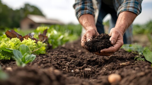 realistic photo of farmer using organic compost on vegetable patch, natural fertilizer application