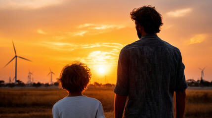 Father and son looking at solar panels. Solar farm and sunlight at sunset. Solar energy for green energy. Sustainable renewable energy