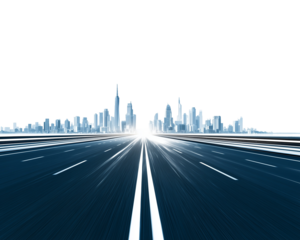 Road leading to city skyline with motion blur