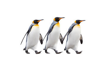 Fototapeta premium Three penguins walking together in a playful manner 