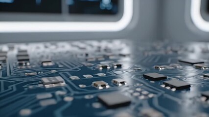 High detail close up of a blue computer circuit board for technology use