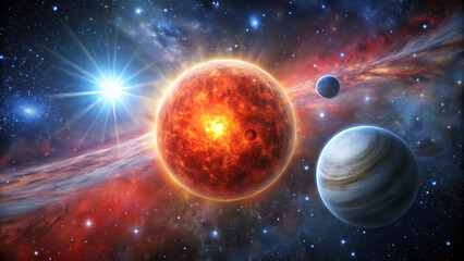 Obraz premium Binary star system red giant and white dwarf cosmic astronomical space science background 