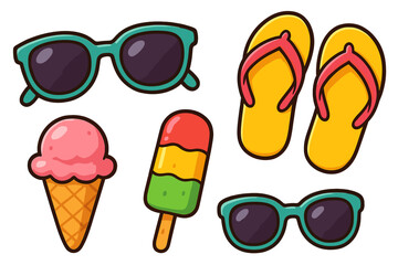 Summer beach vacation accessories set. Cartoon vector icons. Sunglasses, flip flops, ice cream cone, popsicle. Isolated holiday travel elements collection for design.