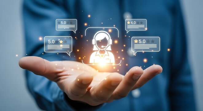 Customer service and support concept with person holding virtual customer service agent and feedback icons for online business and communication