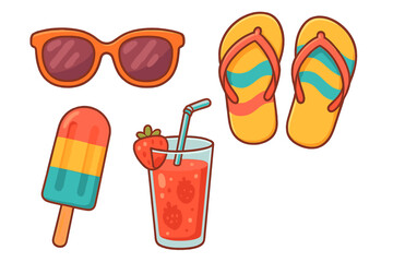 Summer beach vacation accessories set. Colorful cartoon vector icons of sunglasses, flip flops, popsicle and strawberry juice. Isolated holiday travel essentials illustration.