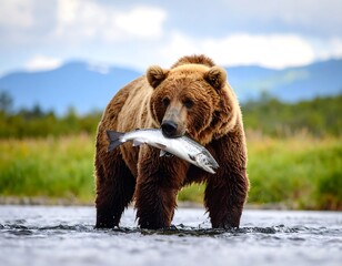 Obraz premium Grizzly bear in river with salmon