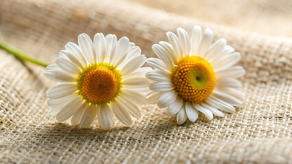Obraz premium Close up of two chamomile flowers on pale linen background natural herbal wellness concept 