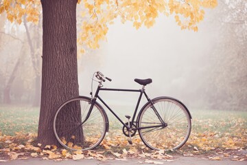Fototapeta premium Vintage bicycle leaning against a tree with vibrant autumn leaves, surrounded by a serene park landscape, evoking a peaceful and nostalgic outdoor atmosphere