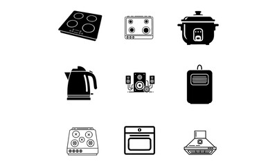 Illustration of a collection of kitchen appliances and a speaker system in black and white style
