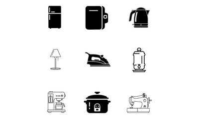 Illustration of various household appliances including refrigerator kettle and sewing machine iron lamp