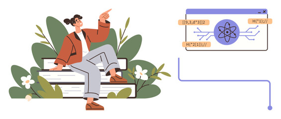 Young person on books gesturing towards science interface with atom structure and data visuals. Ideal for education, knowledge, technology, innovation, learning, research, simple flat metaphor