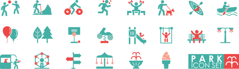 Park and Recreation Activities Icon Set - Outdoor Sports, Fitness, Entertainment Vector Illustrations